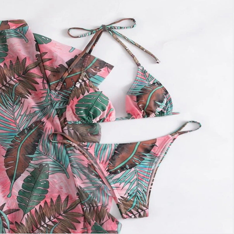 Sexy Tropical Leaf Printing Womens Bikini & Beachwear Cover Up Pants 3pcs Sets Swimwear Wholesale Vendors