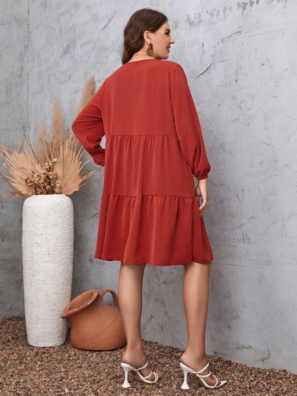 Wholesale Plus Size Women Clothing Loose Long Sleeve Ruffle Casual Midi Dress