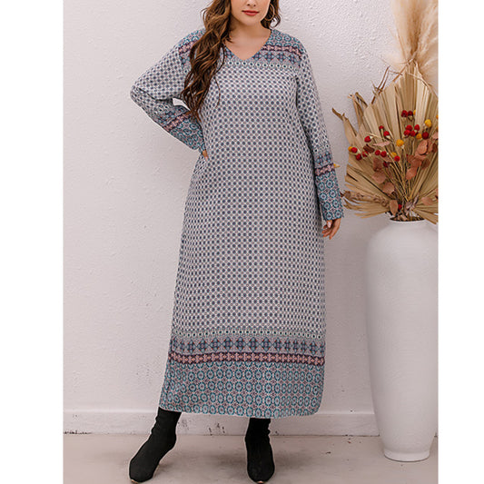 Plaid Print Long Sleeve V Neck Wholesale Plus Size Dresses