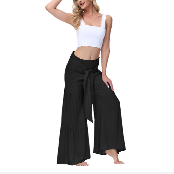 Solid Color Tie Waisted Wide Leg Palazzo Wholesale Pants