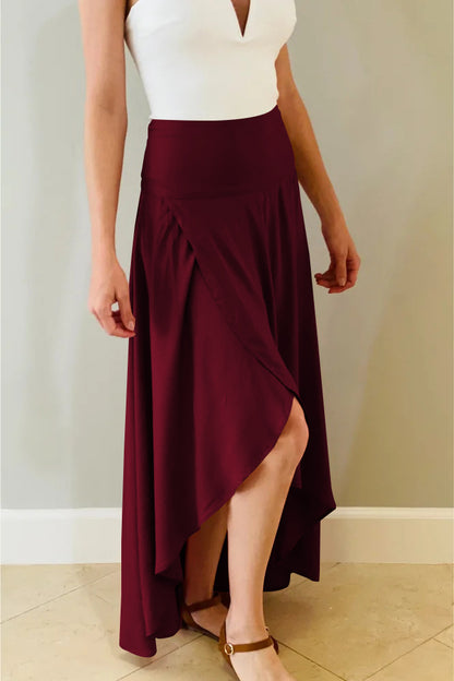 High Waist Solid Color Elegant Ruffled Slit Irregular Design Maxi Skirts Wholesale