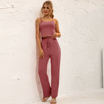 Solid Color Spaghetti Strap Cami Tops Drawstring Pants Wholesale Two Piece Sets