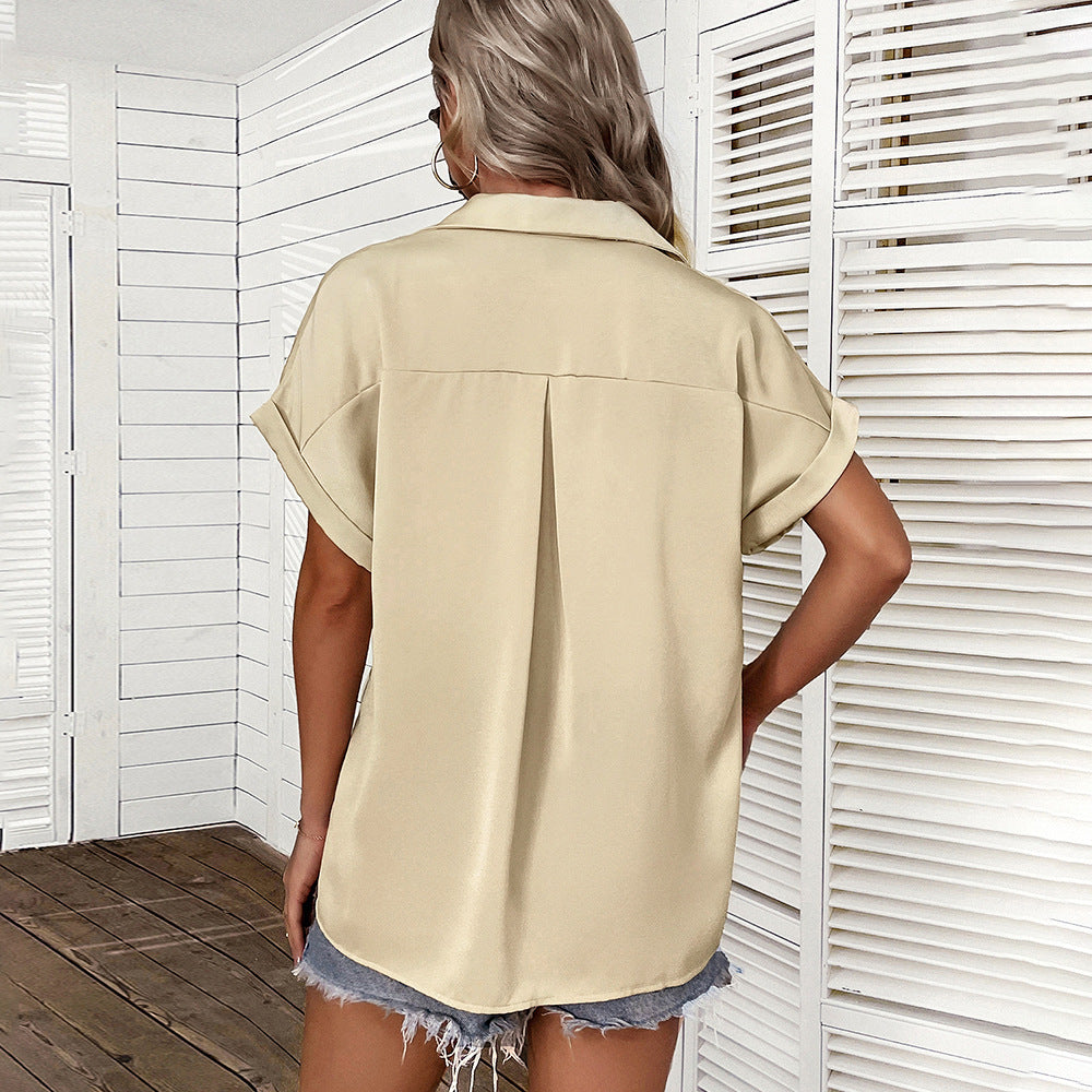 Fashion V Neck Lapel Blouse Single-Breasted Solid Color Loose Short Sleeve Womens T Shirts Wholesale