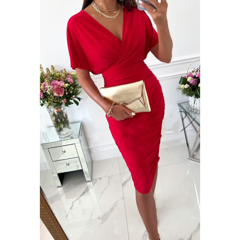 Plunge Neck Solid Color Tight Mid-Length Bag Hip Wrap Dresses Wholesale Clothing For Women