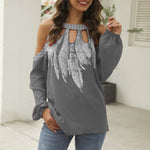 Long Sleeve Feather Print Sexy Off Shoulder Chiffon Blouse Womens Top Wholesale T-Shirts