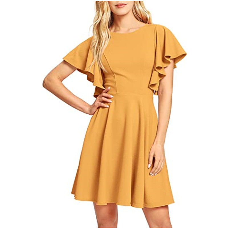 Solid Color Round Neck Lotus Leaf Sleeve Swing Dress Elegant Wholesale Dresses Business Casual Women