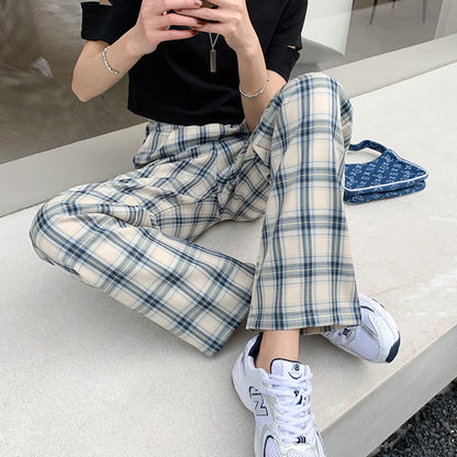 Plaid Print Loose Casual Straight Leg Trousers Wholesale Pants