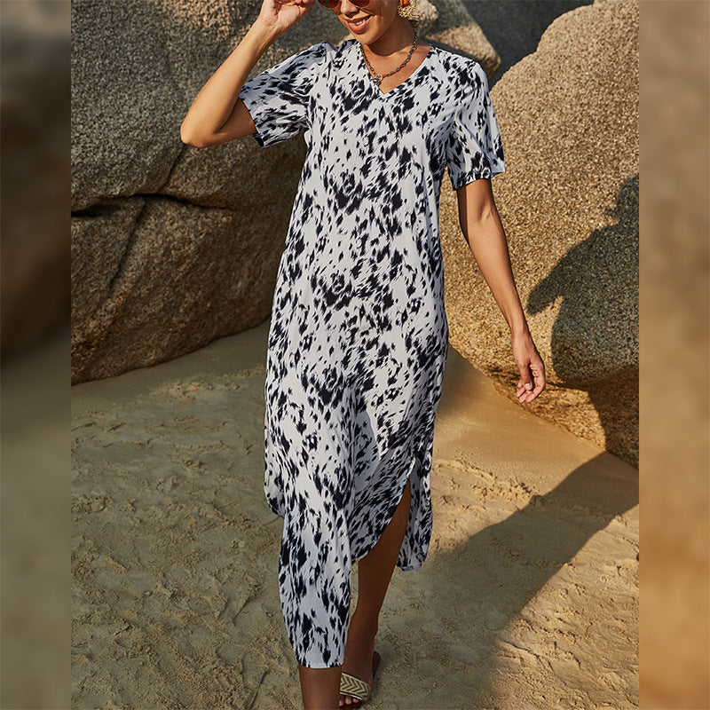 Sexy V-Neck Print Slit Swing Dress Short Sleeve Loose Beach Holiday Wholesale Dresses
