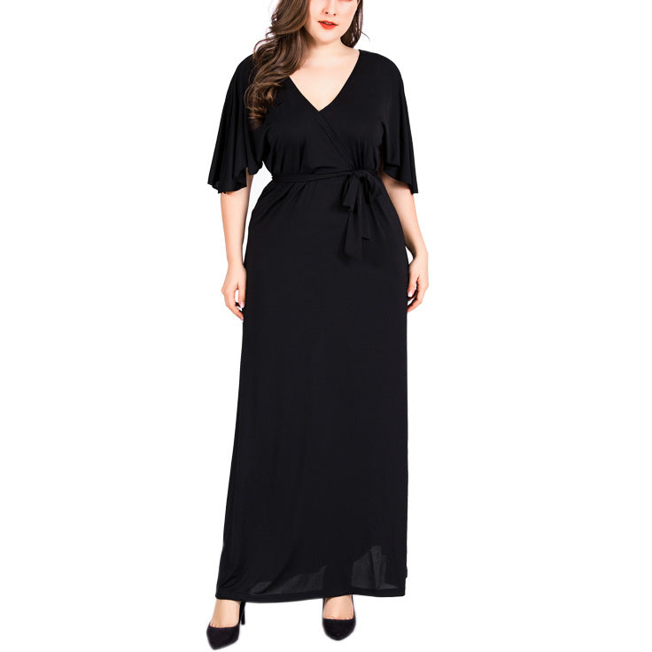 Wholesale Women'S Plus Size Clothing Deep V Short Sleeve Slim Solid Color Pullover Dress