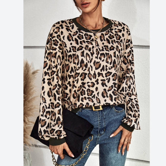 Leopard Print Long-Sleeve Sweatshirt Wholesale Womens Tops