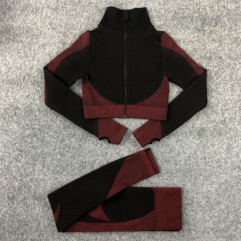 Colorblock Knitting Cardigan & Leggings Fitness Yoga Suits 2pcs Wholesale Activewear Sets