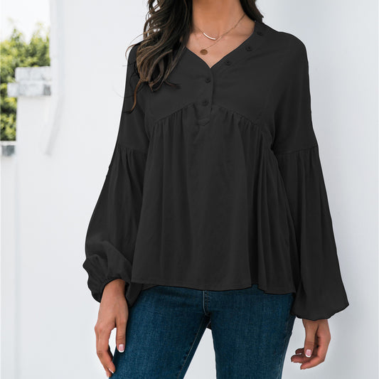 Solid Color Button V-Neck Lantern Sleeve Casual Shirts Wholesale Blouse Business Casual Women