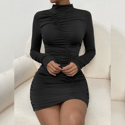 Sexy High-Neck Long-Sleeved Bodycon Pleated Dress Wholesale Dresses