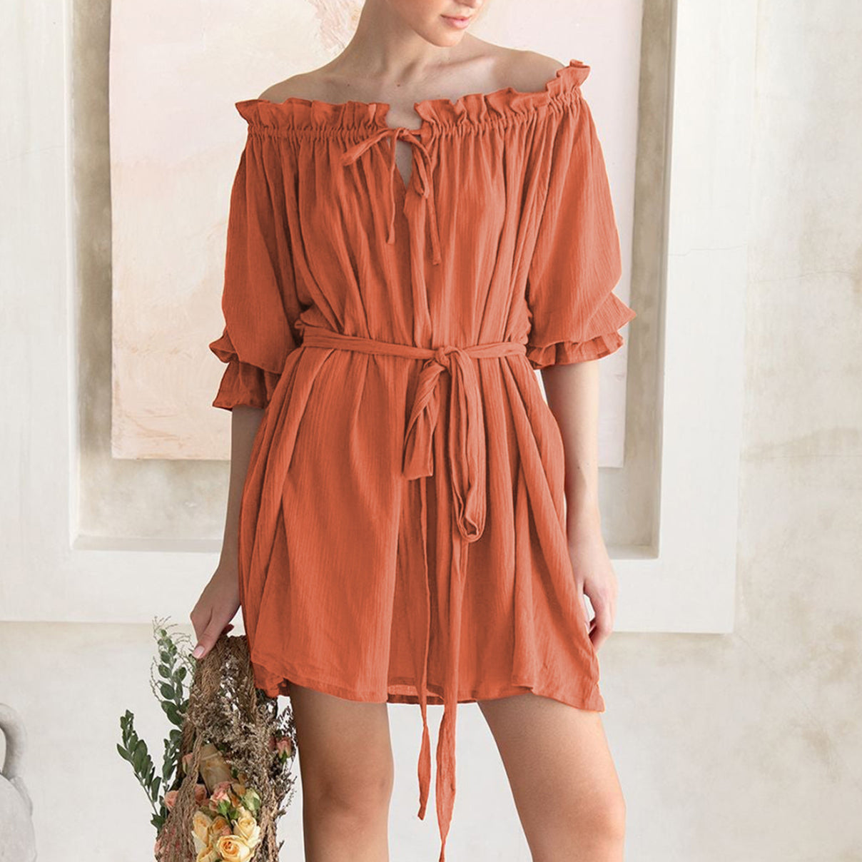 Solid Color Off Shoulder Casual Lace-Up Swing Dress Wholesale Dresses