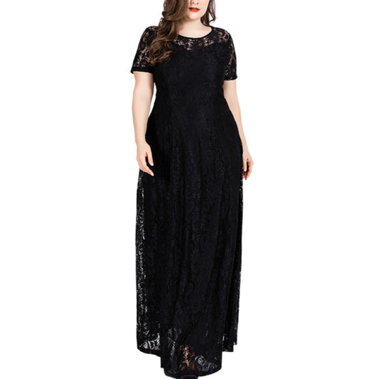 Round Neck Short Sleeve Elegant Curvy Maxi Dresses Wholesale Plus Size Clothing