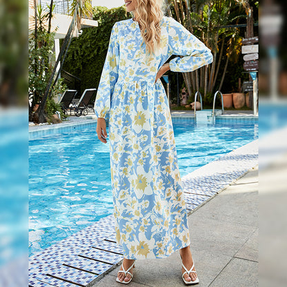 Fashion V Neck Floral Maxi Dress Long Sleeve Loose Resort Wholesale Dresses