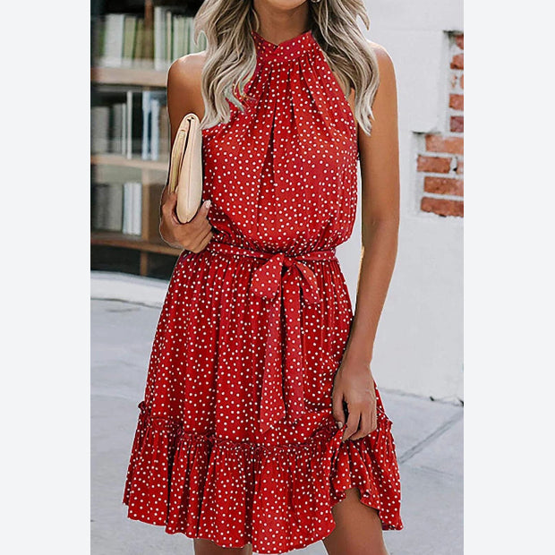 Polka Dot Print Sleeveless Halterneck Tie Waist Wholesale Swing Dresses