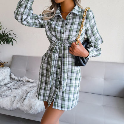 Women's Plaid Wholesale Shirt Dresses with Belt Long Sleeves Button Down Tunic Tops