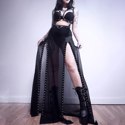 Dark Style Sexy See-Through Mesh Stitching High Waist Slit Skirt Wholesale Women Bottoms