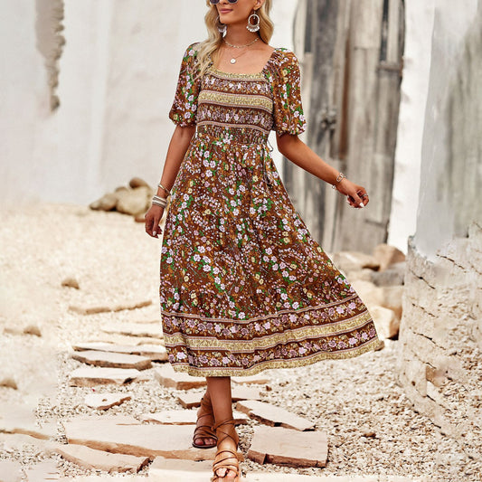 Boho Print Square Neck A-Line Bohemian Dress Wholesale Dresses