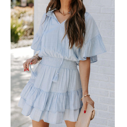 Casual Ruffled Sleeve Dress Elastic Waist  Solid Short Wholesale Dresses