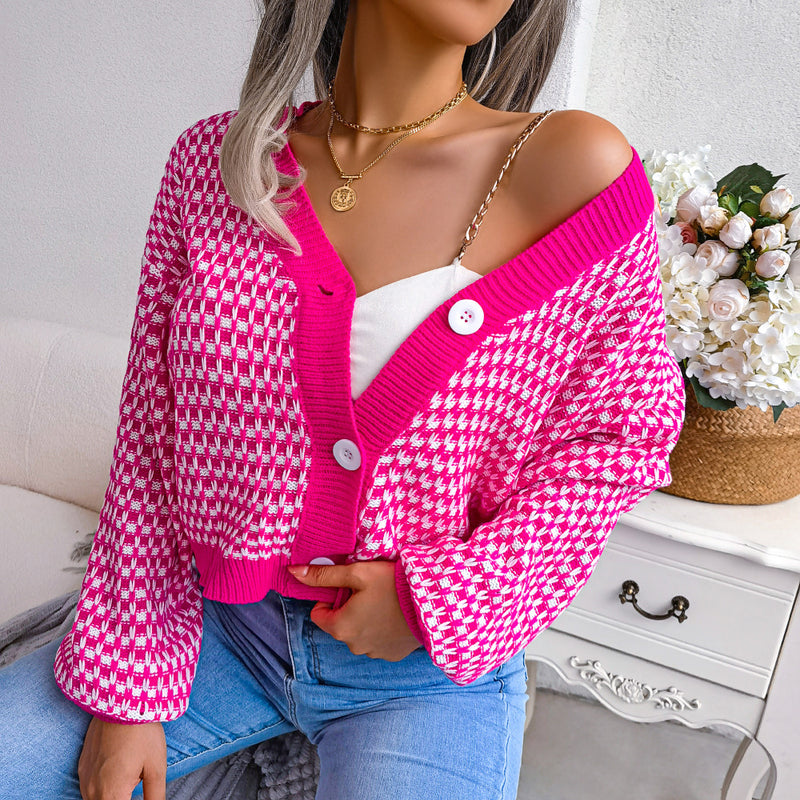 Casual Single-Breasted V Neck Lantern Sleeve Collision Color  Cardigan Wholesale Sweater