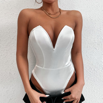 Solid Color Off Shoulder V Neck Tube Top Wholesale Bodysuits For Women