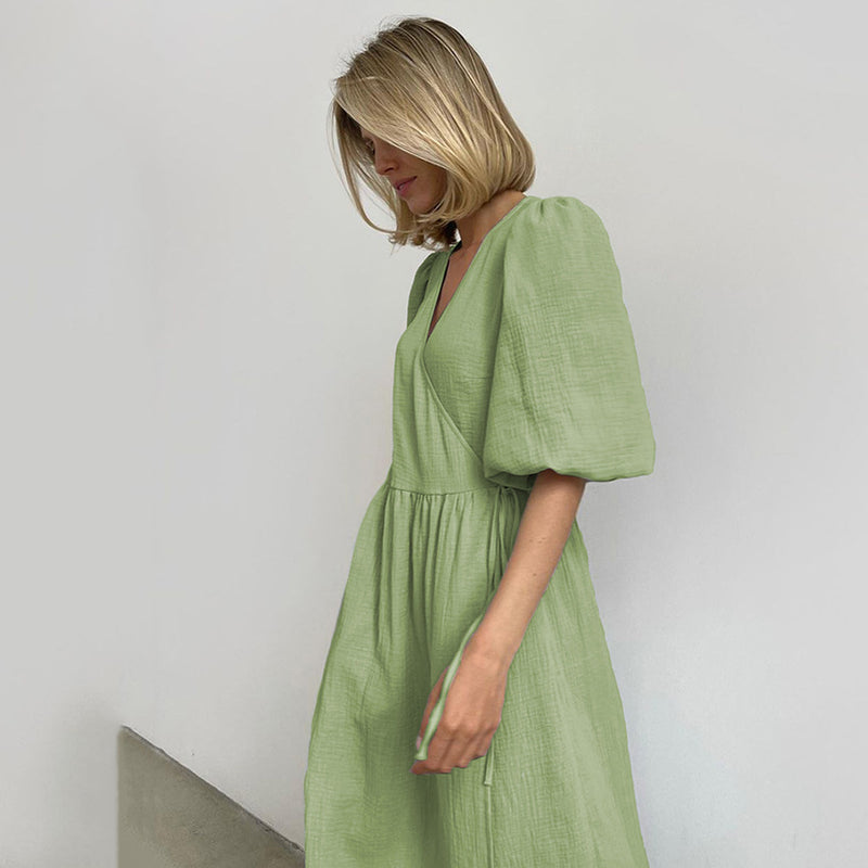 Fashion Puff Short Sleeve Wrap Pleated Design Dress Wholesale Women Clothing