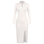 Button Slit Long Sleeve Rib Slim Lapel Simple Non-Pattern Dress Wholesale Dresses