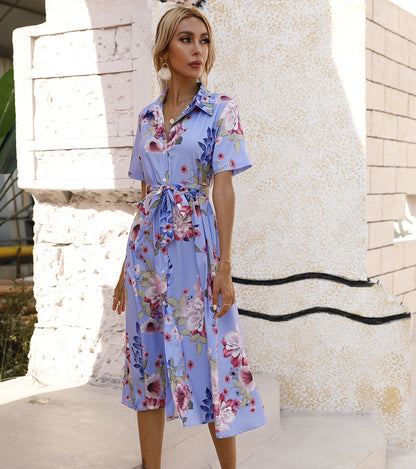 Floral Print Single-Breasted Lace-Up Short Sleeve Elegant Lapel Midi Shirtdress Wholesale Shirt Dresses