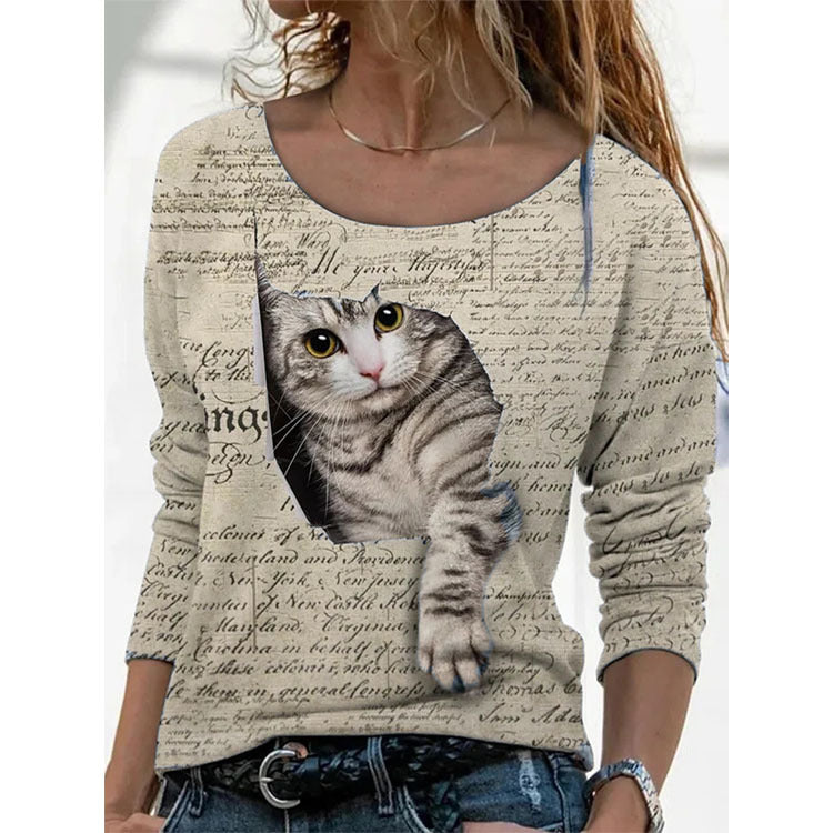 Printed Long Sleeve Round Neck Casual Womens Tops Wholesale T Shirts