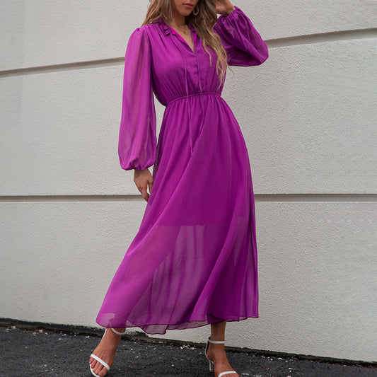 V-Neck High Waist Balloon Sleeve Purple Swing Dress Wholesale Dresses