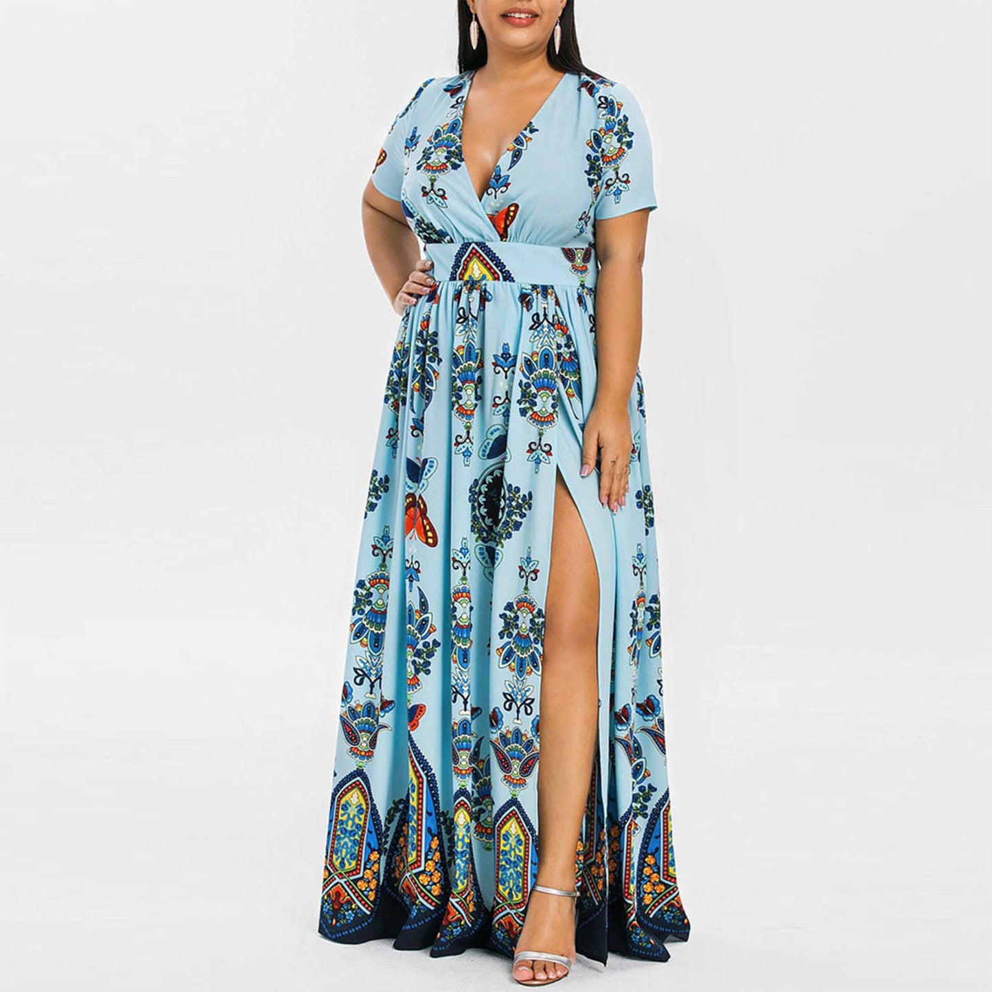 Printed Women Curvy Slit Maxi Dresses Wholesale Plus Size Clothing