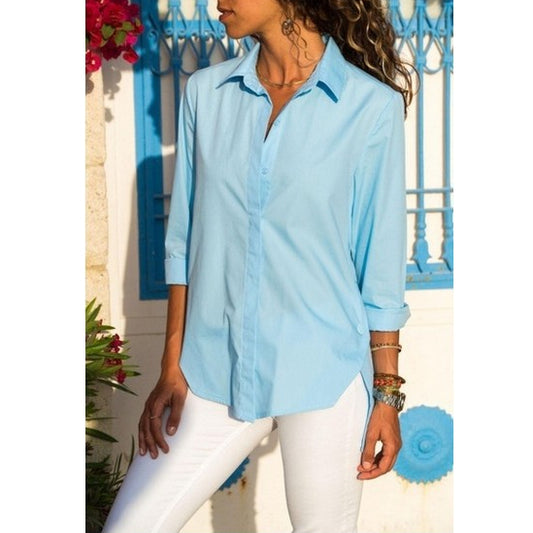 Solid Color Shirts Long Sleeve Irregular Slit Button Design Wholesal Blouse Business Casual