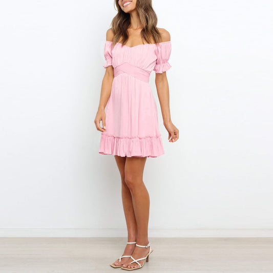 Solid Color Puff Sleeve Ruffles Short Sleeve Off Shoulder Tied Rope Wholesale Dresses Vacation