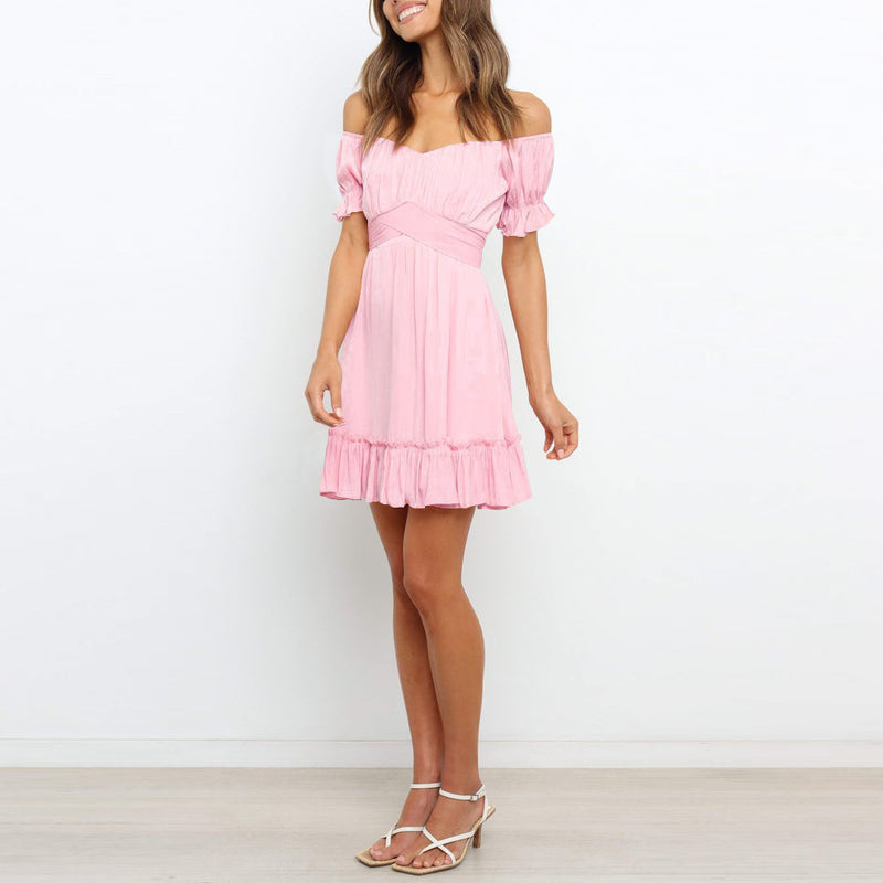 Solid Color Puff Sleeve Ruffles Short Sleeve Off Shoulder Tied Rope Wholesale Dresses Vacation