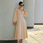 V-Neck Slim-Fit Elegant Lantern-Sleeved Midi  Dress Wholesale Dresses