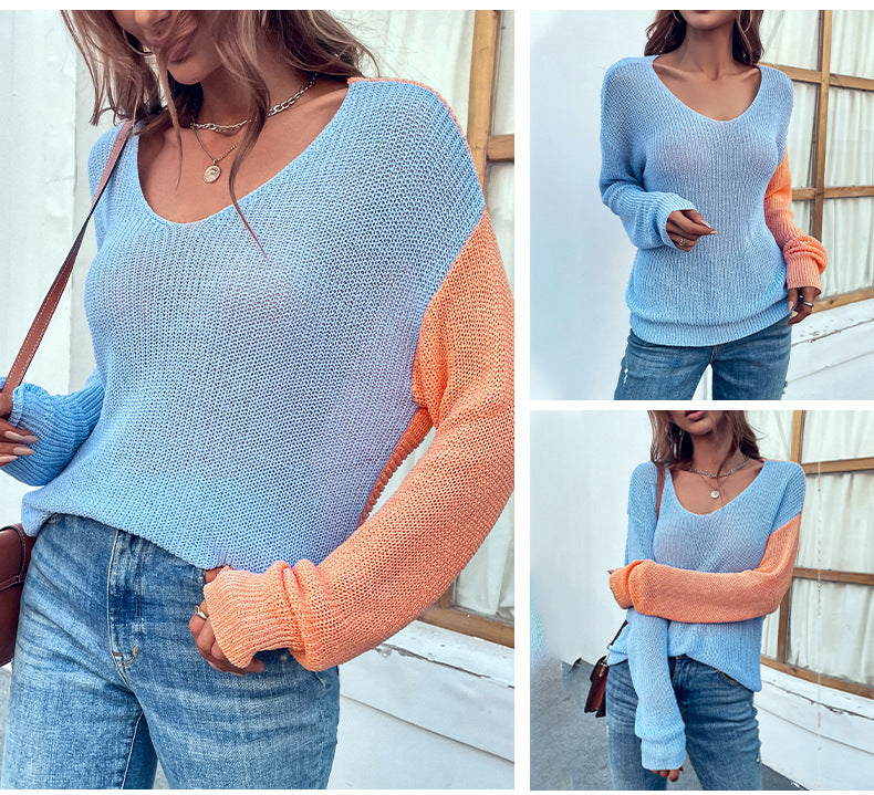 Casual Sexy V-Neck Backless Contrast Color Long Sleeve Wholesale Sweaters