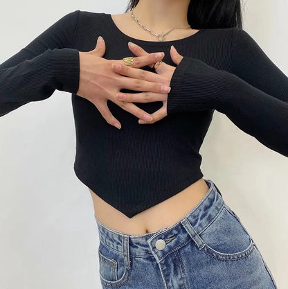 Irregular Bottoming Crew Neck Slim Long Sleeve Crop Top Wholesale Women Top