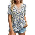 Lace Paneling V-Neck Floral Print Chiffon T-Shirts Wholesale Womens Tops