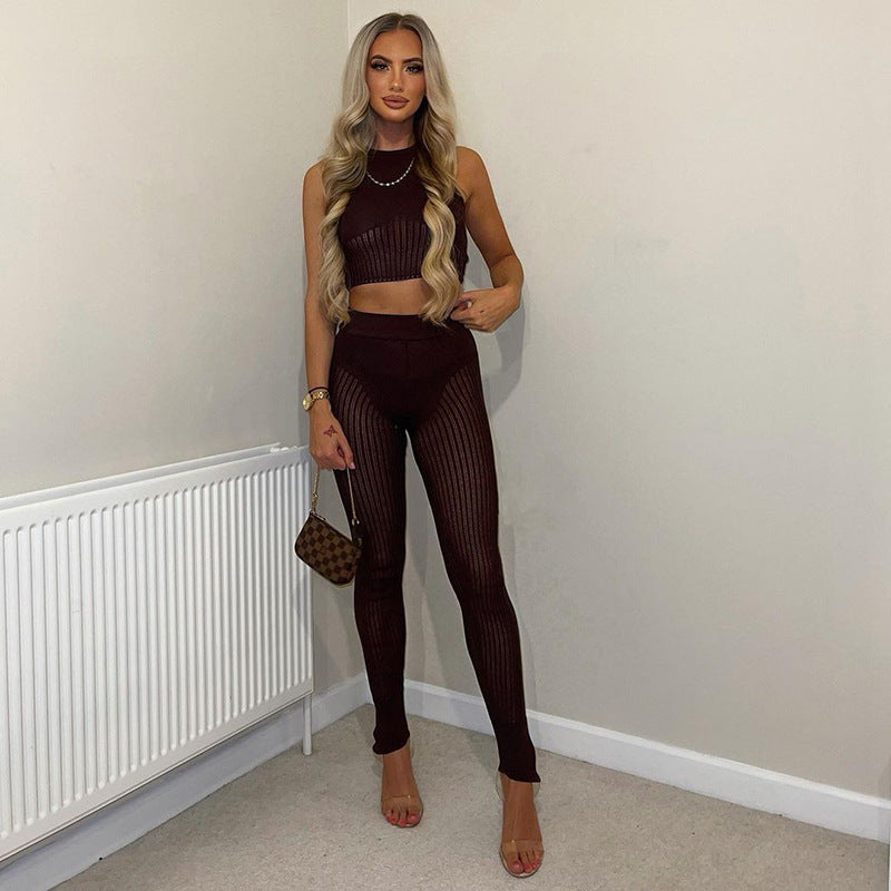 Womens 2 Piece Sets Sexy Mesh Crop Top & Trousers Slim Solid Color Wholesale Clothing For Women