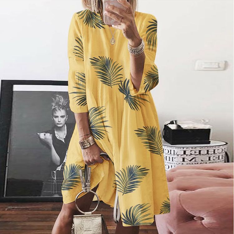 Fashion Print Cotton & Linen Round Neck Seven-Quarter Sleeves Loose Dress Casual Wholesale Dresses SD531710