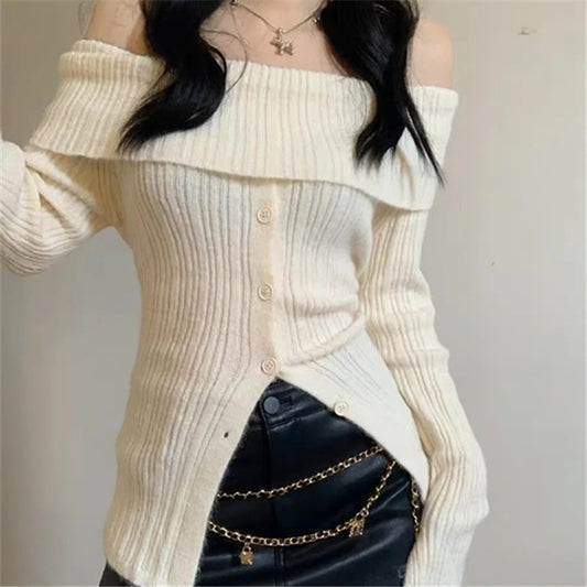 Knitted Sexy One-Shoulder Soft Waxy Single-Breasted Sweater Wholesale Women Top