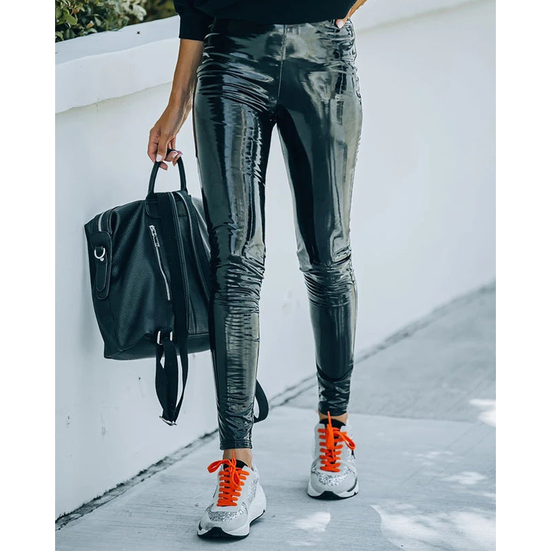 Sexy Slim Glossy PU Leather High Waist Wholesale Pants