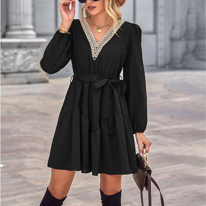 Fashion Lace V Neck Long Sleeve Tie-Up Swing Dress Wholesale Dresses