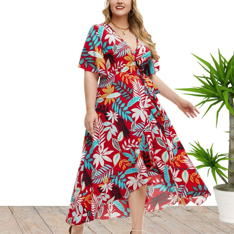 Wholesale Women'S Plus Size Clothing Irregular Short Sleeve Printed Wrap Bohemian Dress