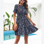 Short Sleeve Leopard Print Elastic Waist Wholesale Swing Dresses for Summer