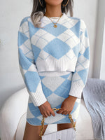 Wholesale Womens 2 Piece Sets Casual Collision Color Rhombus Long Sleeve Tops & Mini Skirts Sweater