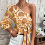 Mandala Print Balloon Sleeve Slanted Shoulder Ruffled Tie-Up Womens Shirts Fashion Wholesale Crop Tops