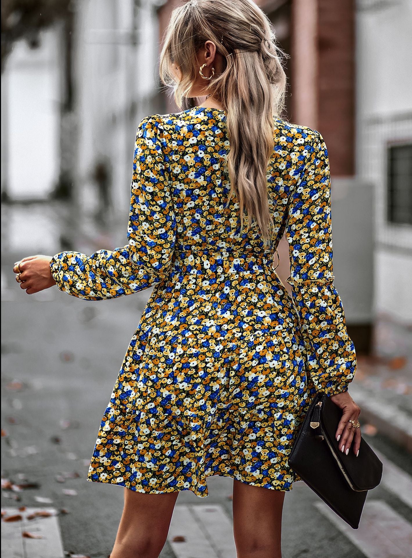 Floral Print V Neck Long Sleeve Swing Dress Wholesale Dresses